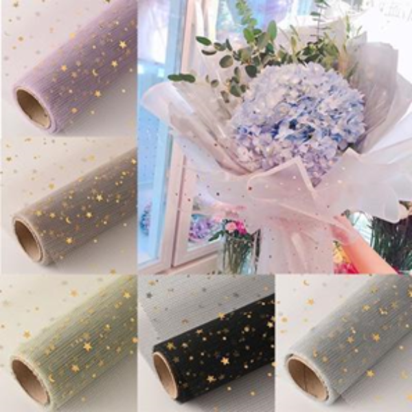 NETTED FLOWER WRAPPING WITH GOLD HEARTS ASSR COLOURS,50CM*5Y