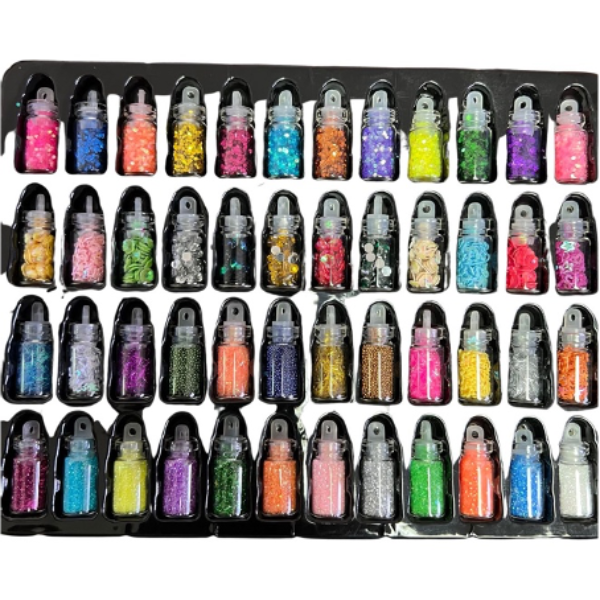 48 BOTTLE NAIL GLITTER, SHELL PIECES, STARS, RHINESTONES, CAVIAR BEADS