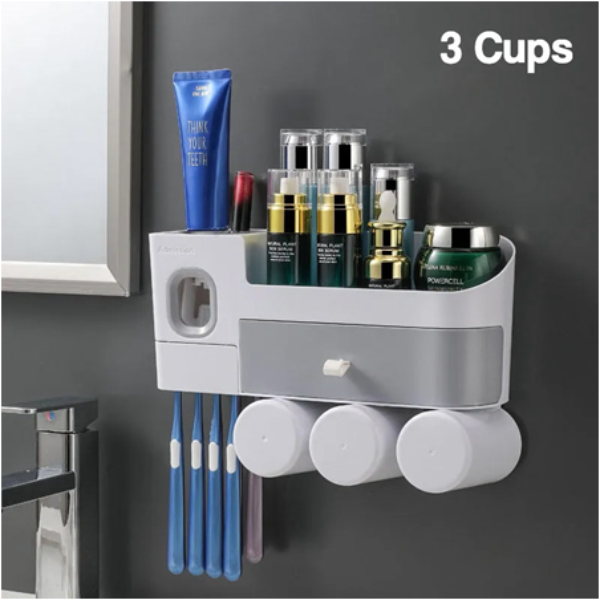 TOOTHPASTE DISPENSER W 3 CUPS & WALL ADHESIVE