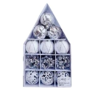 12 PCS MIXED SILVER & WHITE CHRISTMAS BALLS